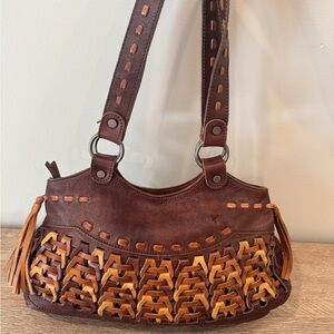 PIKOLINOS Brown and Tan Woven Leather Shoulder Bag